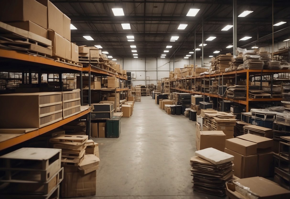 A cluttered warehouse with mismatched furniture stacked haphazardly. Dusty shelves display worn-out chairs and tables