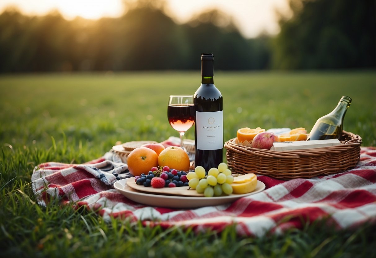 A colorful picnic blanket lays on green grass surrounded by scattered picnic items and a bottle of wine