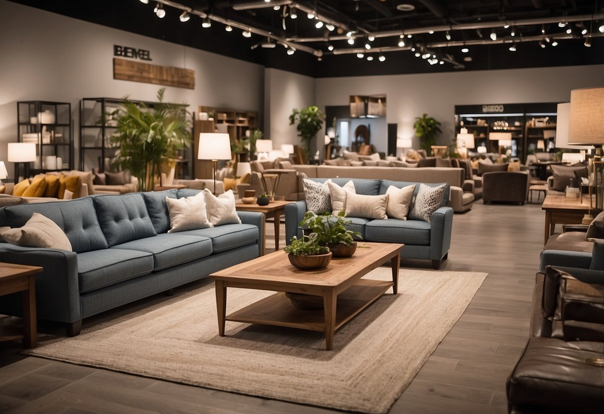 The furniture store layout features neatly arranged displays, with aisles wide enough for easy browsing. Bright lighting highlights the variety of products, from sofas to dining sets