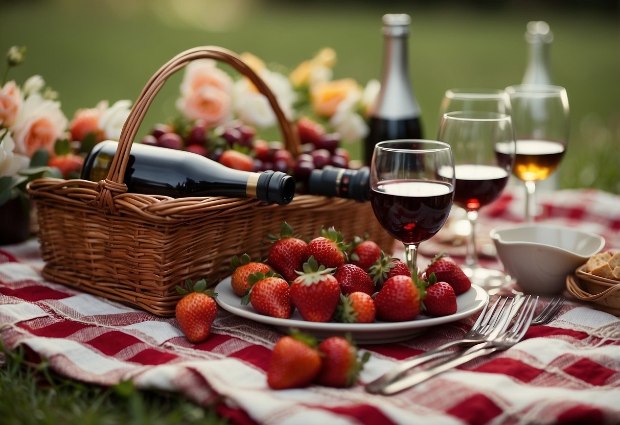 A picnic blanket with a spread of chocolate-covered strawberries, surrounded by wine glasses, a bouquet of flowers, and a picnic basket