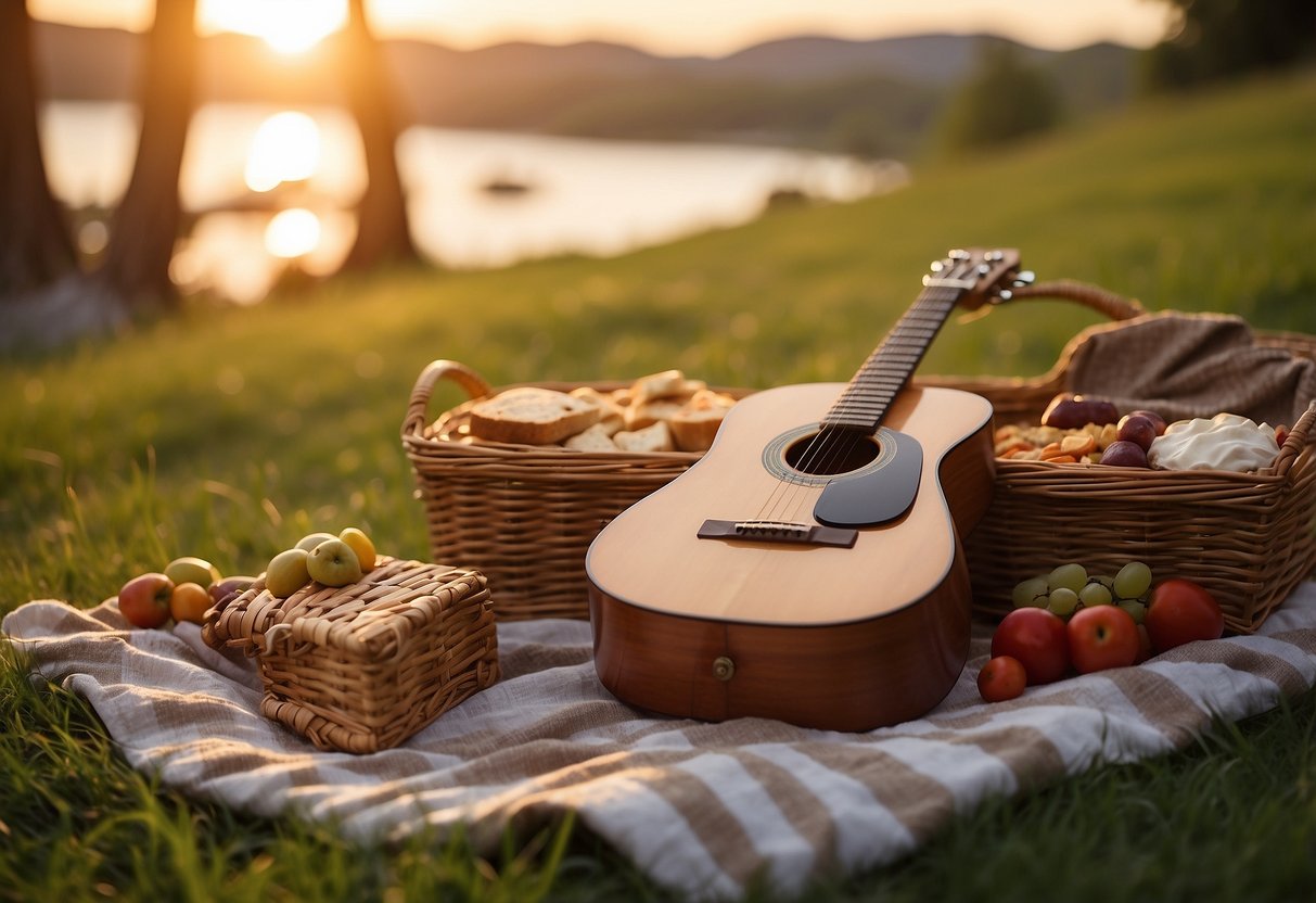 A cozy picnic blanket is spread out on lush green grass. An acoustic guitar rests against a wicker basket filled with gourmet treats. The setting sun casts a warm glow over the scene