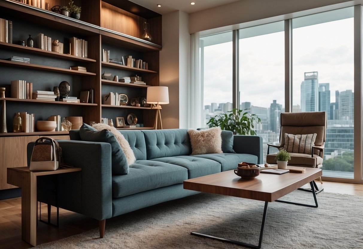 A cozy living room with a Hommage furniture set, featuring a sleek sofa, elegant coffee table, and modern bookshelf against a backdrop of soft, natural lighting