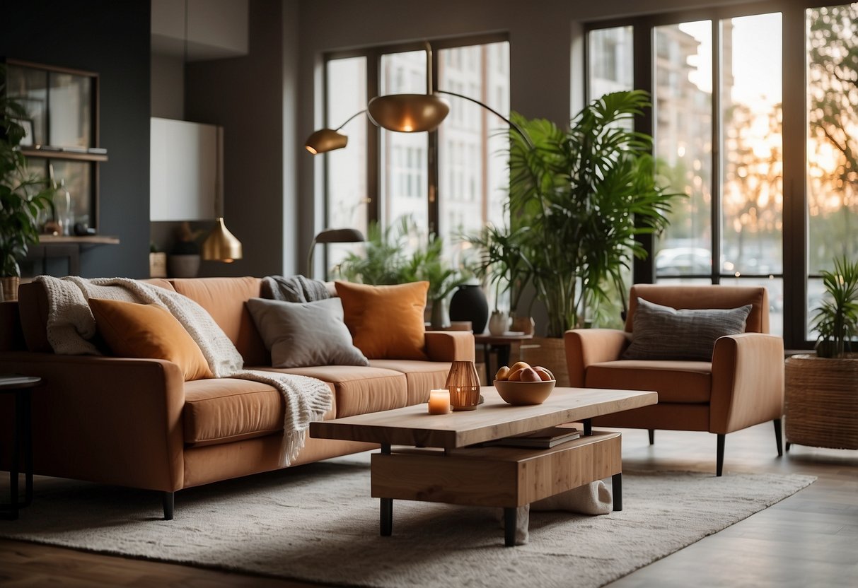 A cozy living room with modern, stylish furniture. Bright lighting and warm colors create a welcoming atmosphere