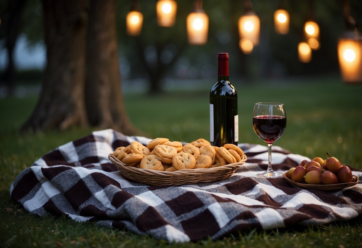 A checkered blanket spread out under a tree, surrounded by glowing lanterns, a basket of gourmet snacks, and a bottle of wine on ice