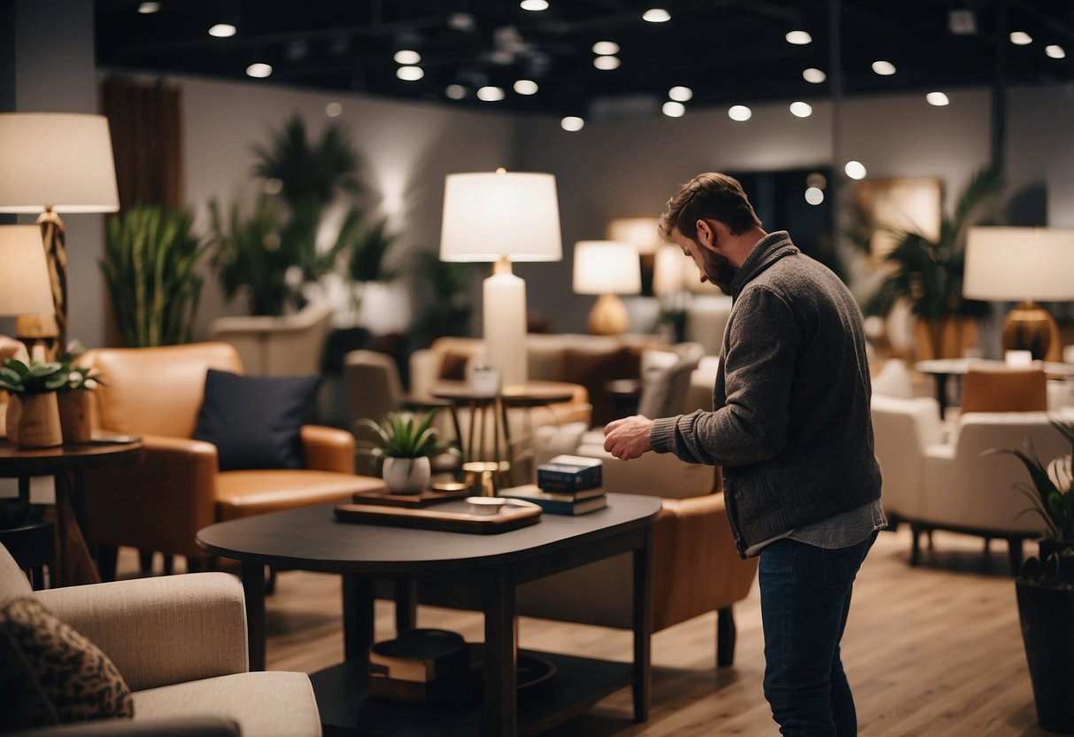 A person browsing through various furniture pieces in a showroom, carefully considering each item before making a selection