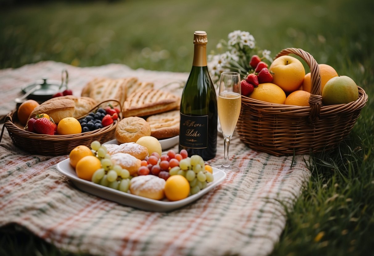 A picnic blanket spread out with a wicker basket, fresh fruits, pastries, and a bottle of champagne. A vase of wildflowers and a colorful picnic spread complete the scene