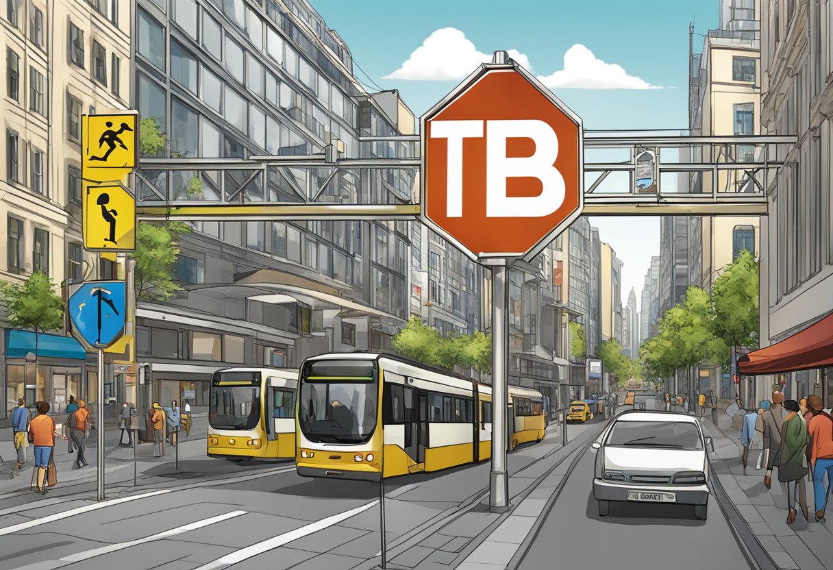 A city sign with "kennzeichen tbb" in a bustling urban setting