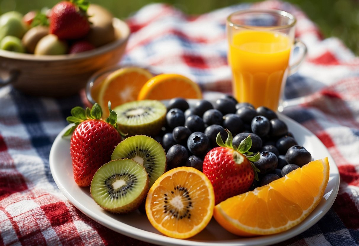 A colorful bowl of mixed fruits, including strawberries, blueberries, and kiwi, is arranged on a checkered picnic blanket surrounded by a basket of croissants and a carafe of orange juice