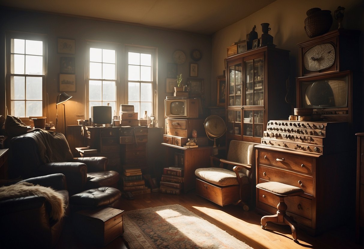 A cluttered room with vintage furniture stacked high. Sunlight streams through dusty windows, casting shadows on the eclectic collection
