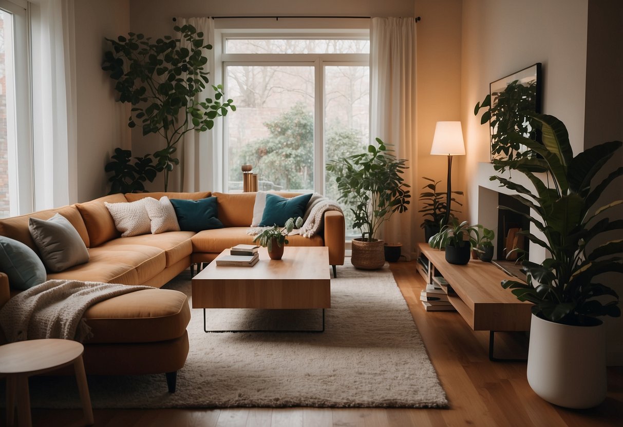 A cozy living room with modern Hommage furniture, soft lighting, and warm colors. Books and plants add a homely touch to the space
