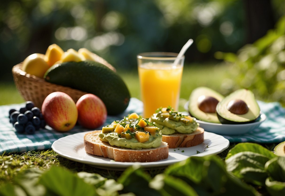 A picnic blanket spread with a colorful array of avocado toast, fruit, and drinks, set against a backdrop of lush greenery and dappled sunlight