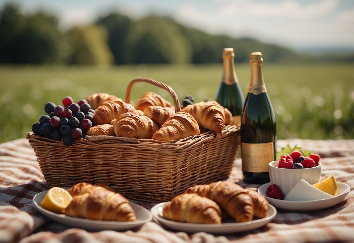 A picnic blanket spread out with a basket filled with chocolate croissants, fresh fruit, and a bottle of champagne. A sunny day with a few fluffy clouds in the sky