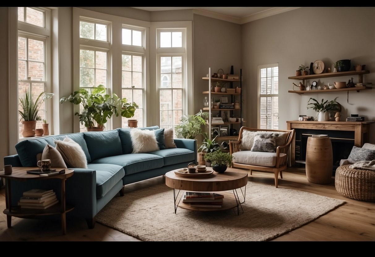 A cozy living room with a variety of home furniture, including sofas, chairs, tables, and shelves, creating a warm and inviting atmosphere