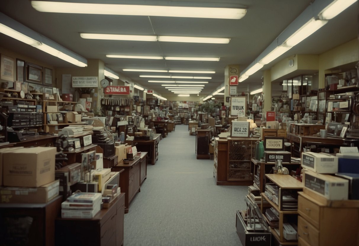 A bustling thrift store with shelves of second-hand furniture and a sign reading "Frequently Asked Questions Hock Siong" in bold letters