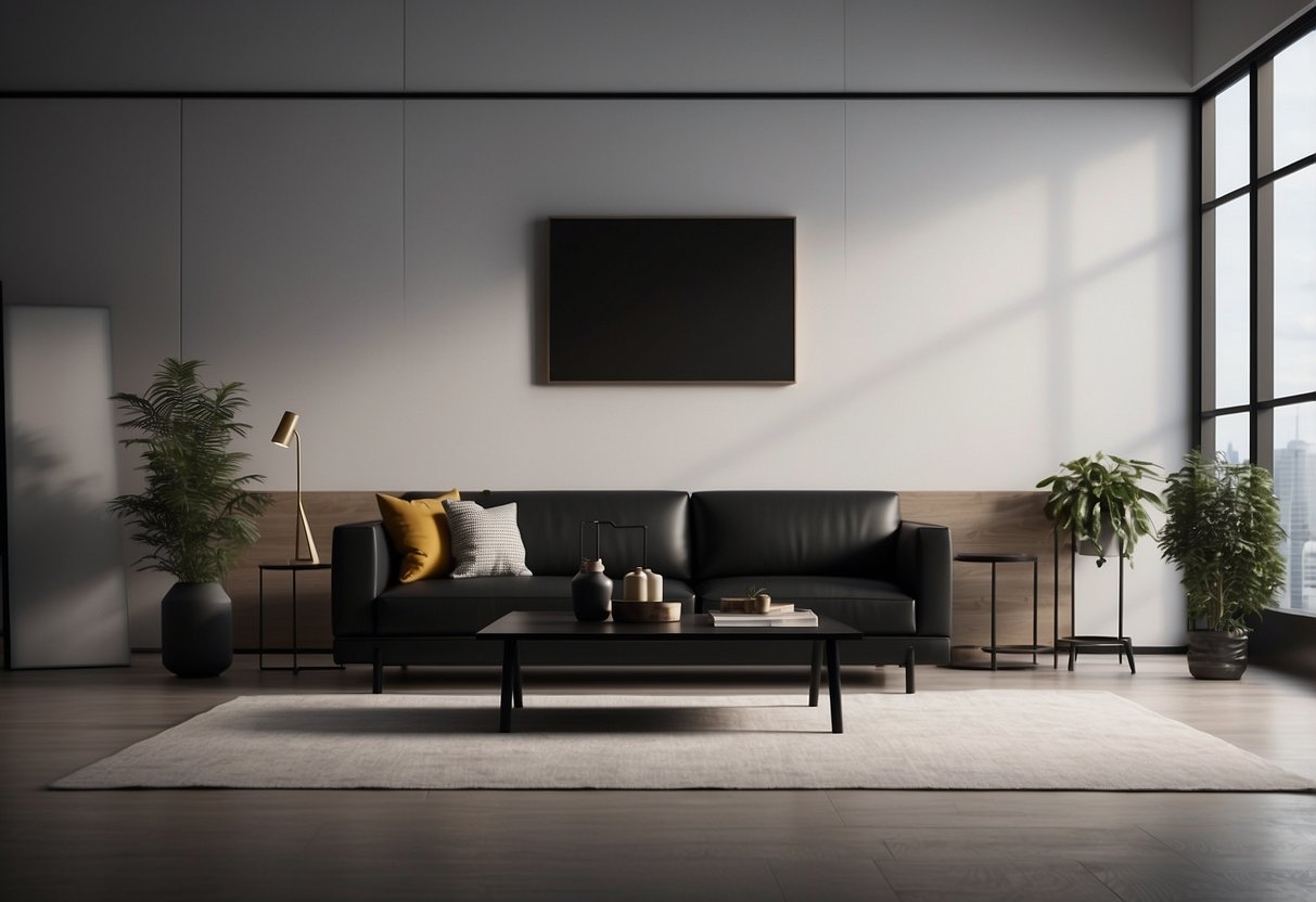 A room with a modern, minimalist design featuring a sleek, black "Frequently Asked Questions" homage furniture piece as the focal point