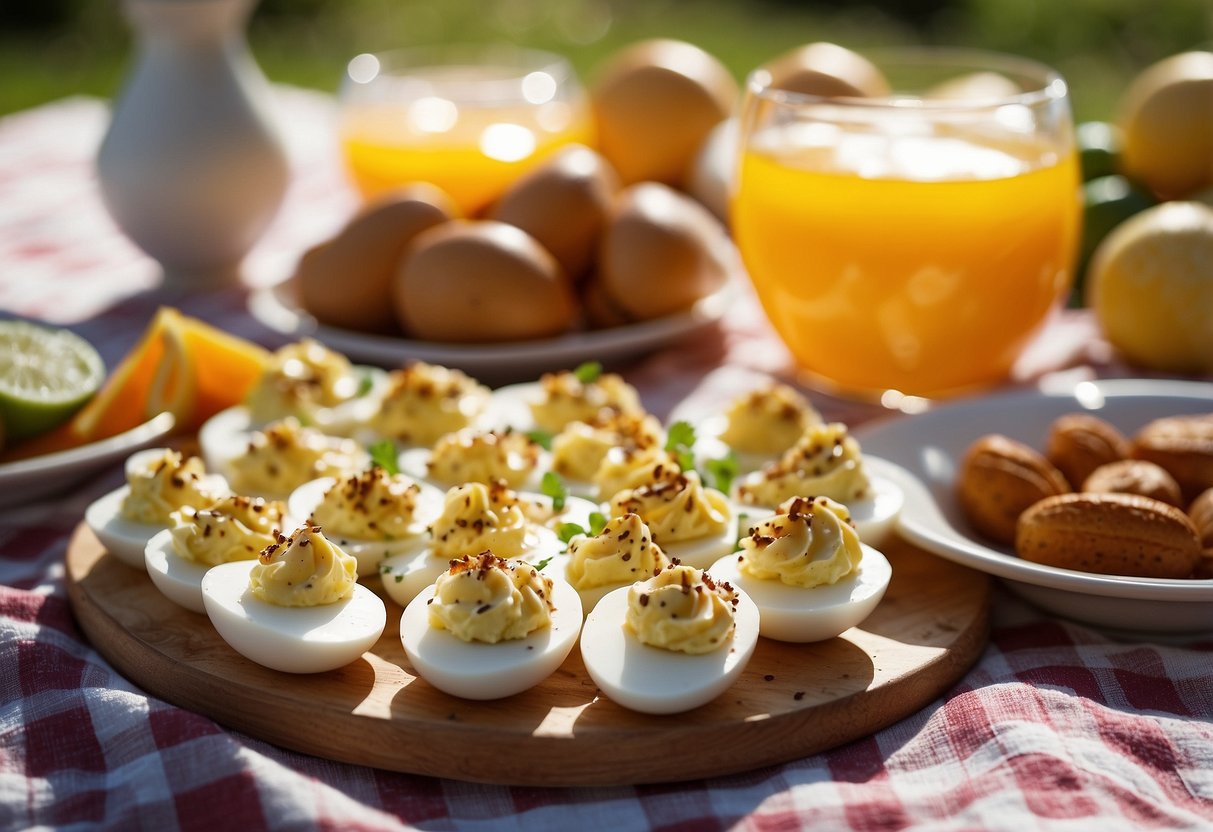 A picnic blanket with a spread of deviled eggs, surrounded by fresh fruits, pastries, and a carafe of orange juice. A sunny, outdoor setting with a hint of a picnic basket in the background