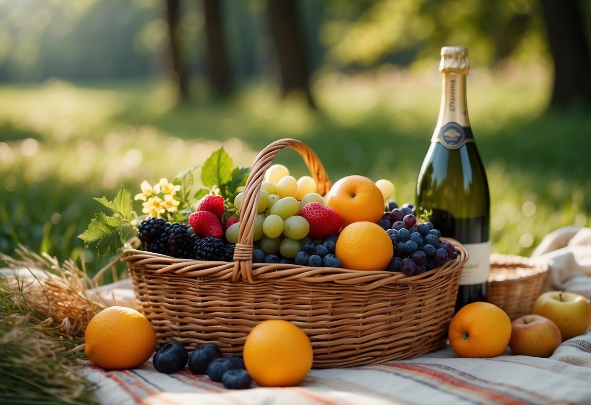 A sunny meadow with a glistening stream, surrounded by tall trees and colorful wildflowers. A checkered blanket spread out with a wicker basket filled with fruits, pastries, and a bottle of champagne