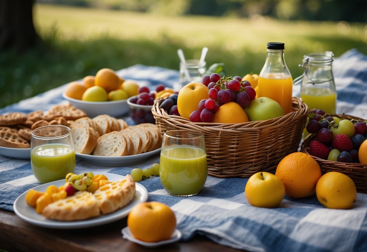 A checkered picnic blanket laid out with an assortment of fresh fruits, sandwiches, and pastries. A wicker basket filled with bottles of juice and a vase of wildflowers completes the scene