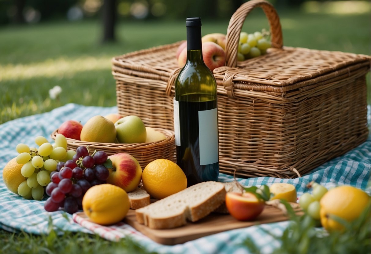 A picnic blanket spread out on green grass, with a wicker basket filled with fruits, sandwiches, and a bottle of wine. A colorful umbrella provides shade, and a small portable speaker plays soft music in the background