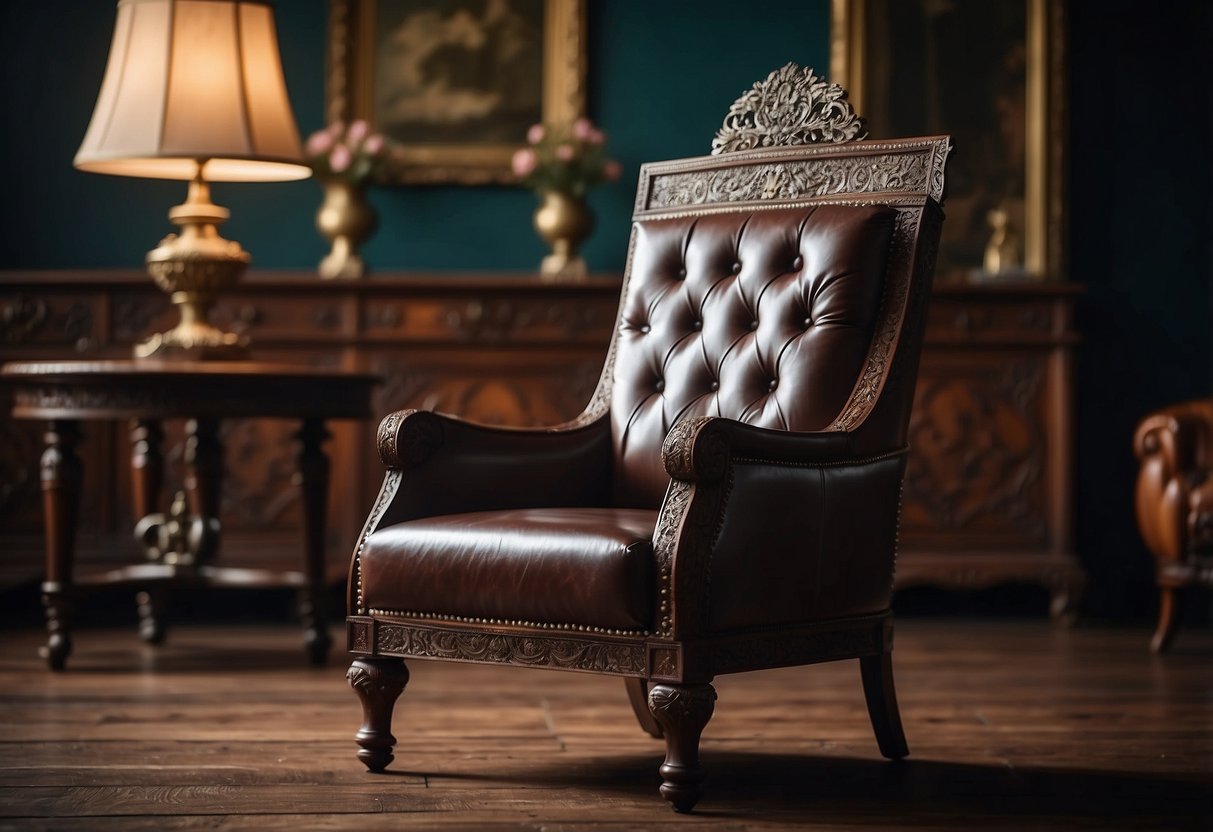 Antique furniture arranged in a dimly lit room, with ornate details and rich wood tones. A worn leather chair sits beside a mahogany table, adorned with delicate carvings