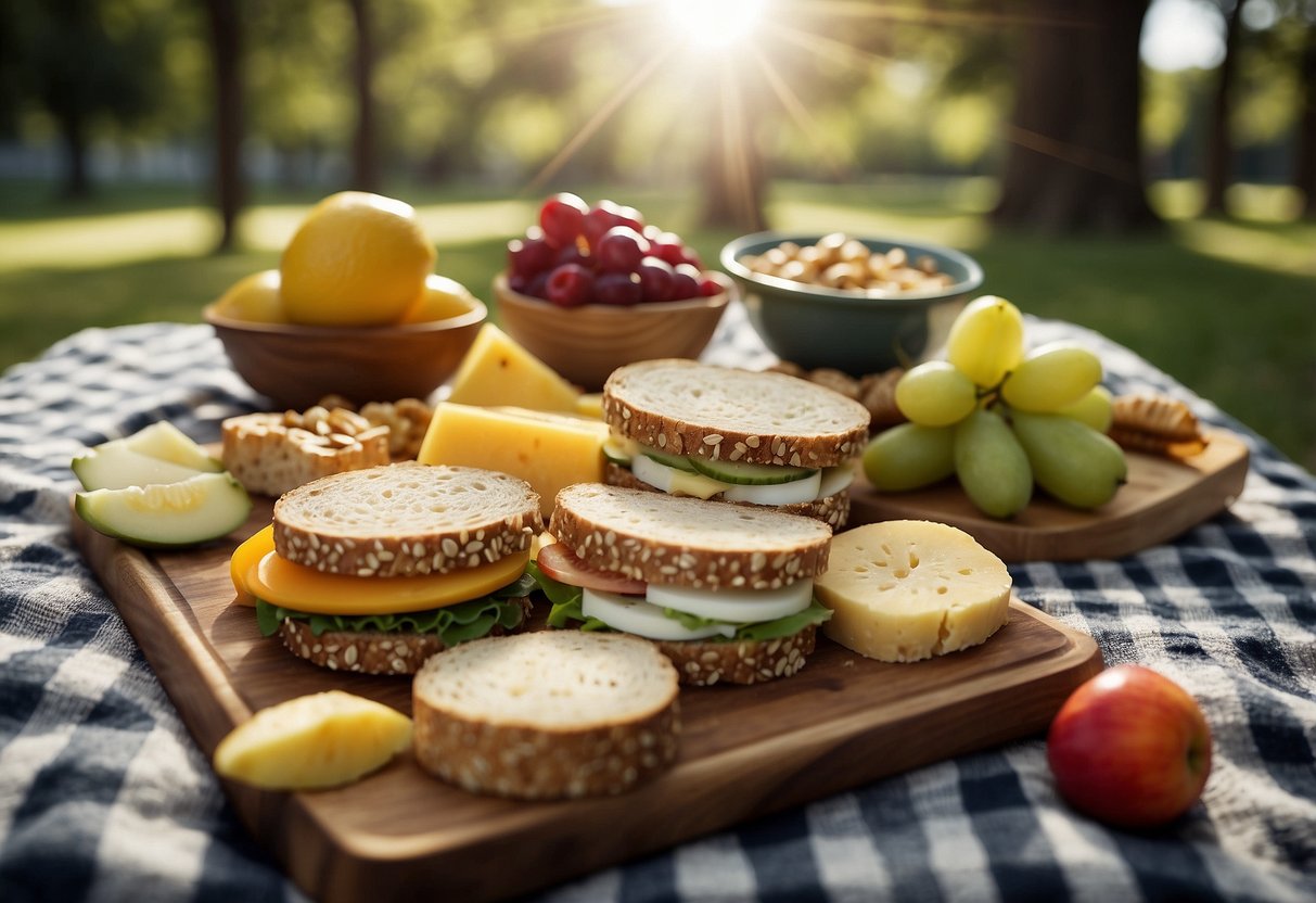 A spread of non-perishable picnic foods on a checkered blanket: sandwiches, fruit, nuts, cheese, and crackers. Sunlight filters through the trees