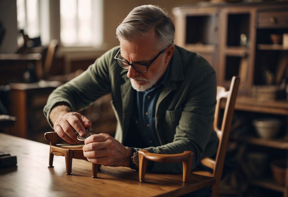 An expert examines a vintage chair, measuring dimensions and inspecting wood grain for antique furniture values