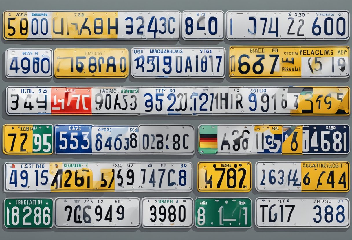 A row of German license plates arranged on a wall, displaying the unique alphanumeric combinations used in the country's vehicle registration system