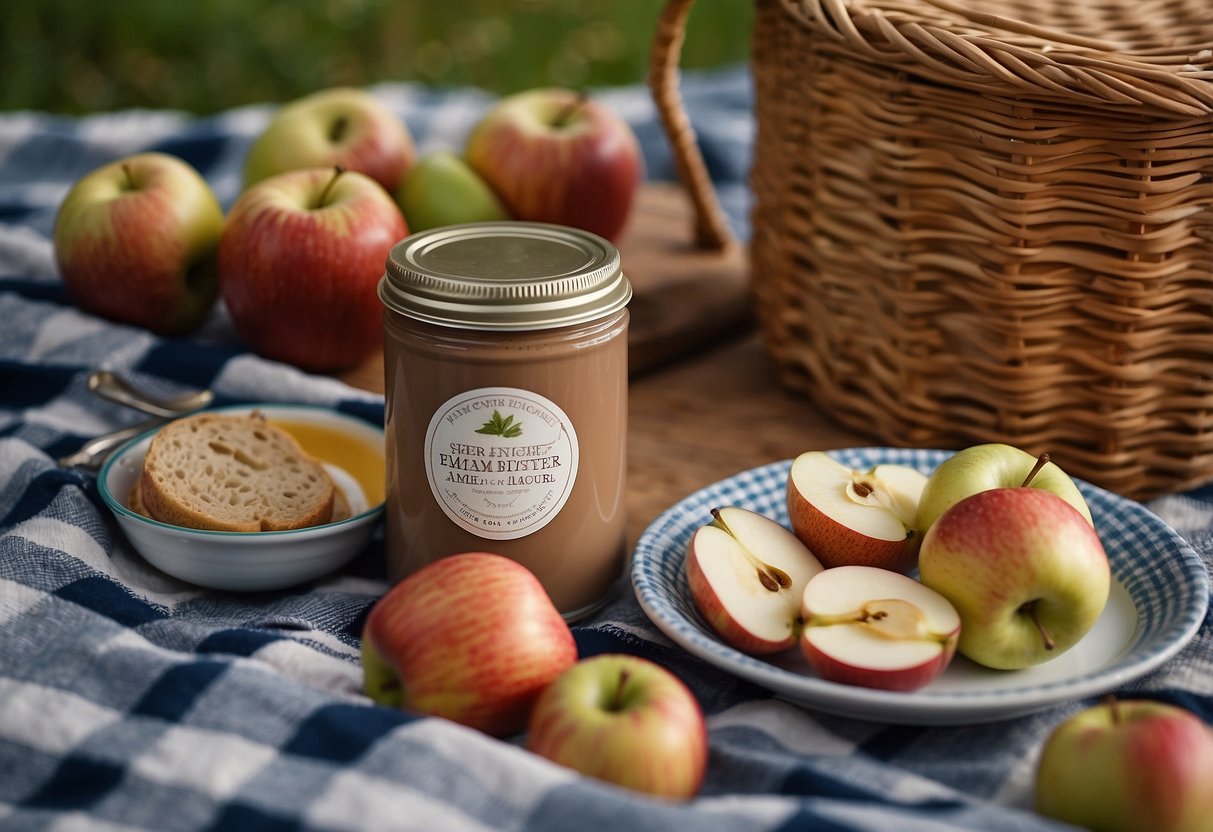 Fresh apple slices arranged next to a dollop of almond butter on a checkered picnic blanket. A wicker basket and a thermos sit nearby