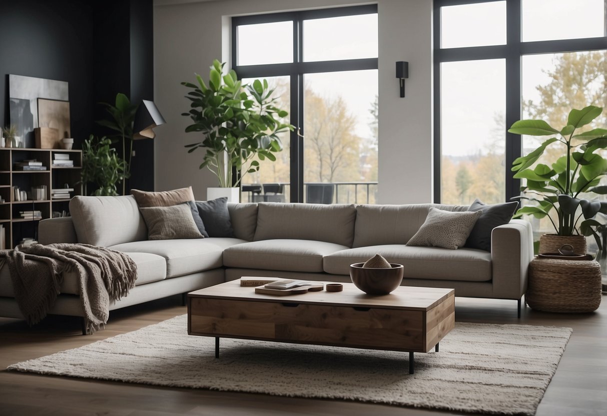 A cozy living room with a modern laz furniture set, including a comfortable sofa, coffee table, and soft rug