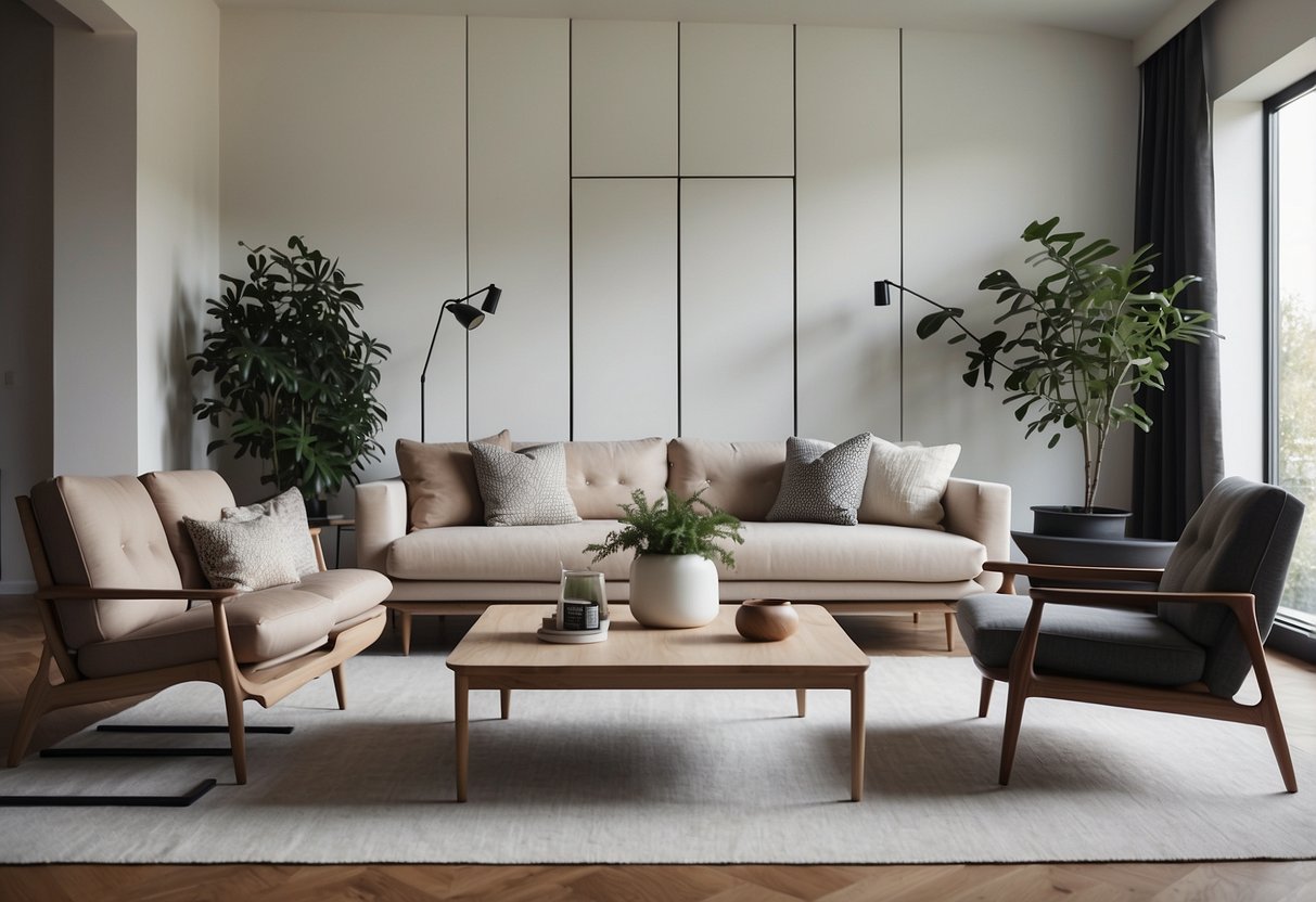 A minimalist living room with sleek, clean-lined Danish design furniture arranged in a symmetrical and balanced layout