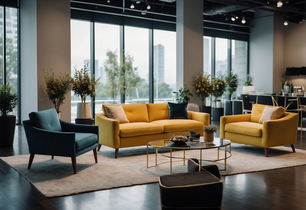 A spacious showroom filled with modern and elegant furniture displays, arranged in a tasteful and inviting manner