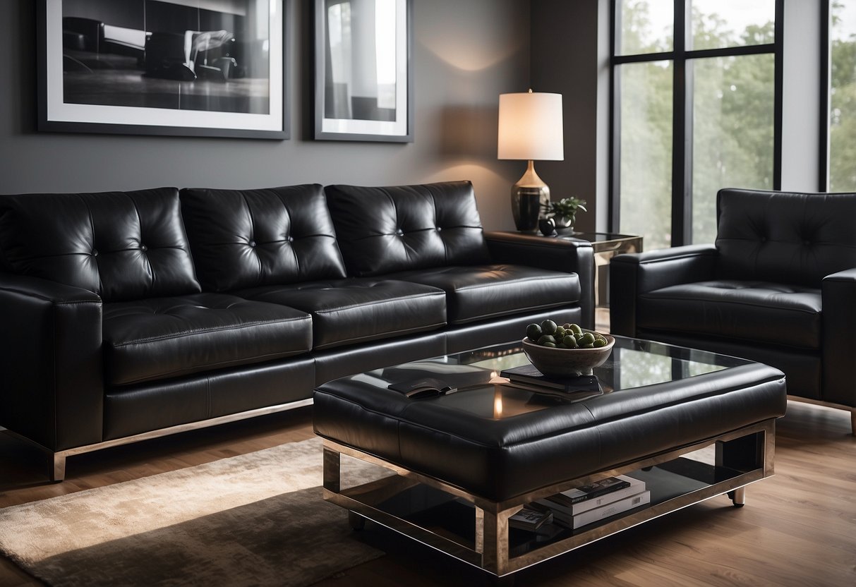 A room filled with sleek black ebony furniture, reflecting the light with its polished surface