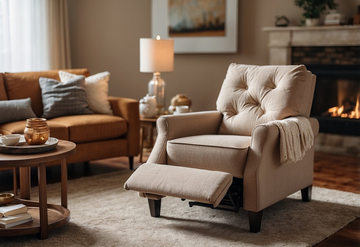 A cozy living room with a La-Z-Boy recliner, soft throw pillows, and a warm, inviting color scheme