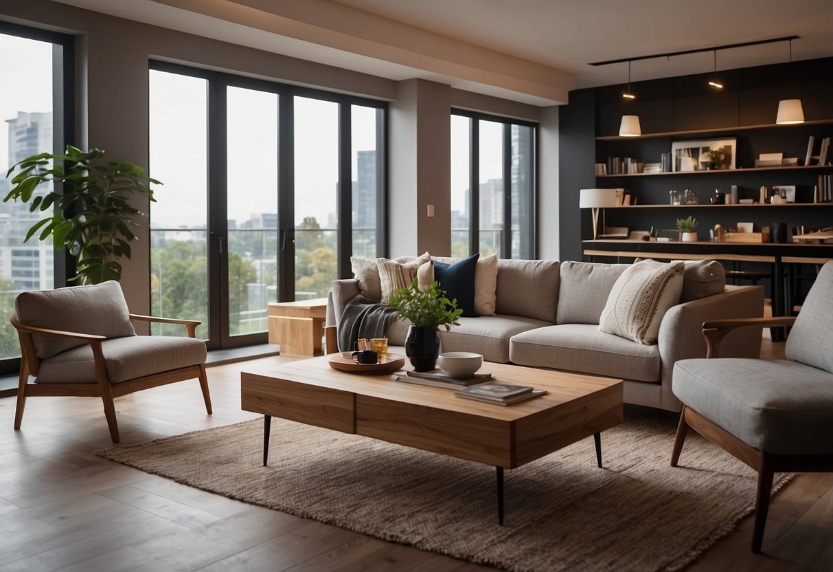 A living room with a modern sofa, coffee table, and bookshelf. A dining area with a table and chairs. A bedroom with a bed, nightstands, and a dresser