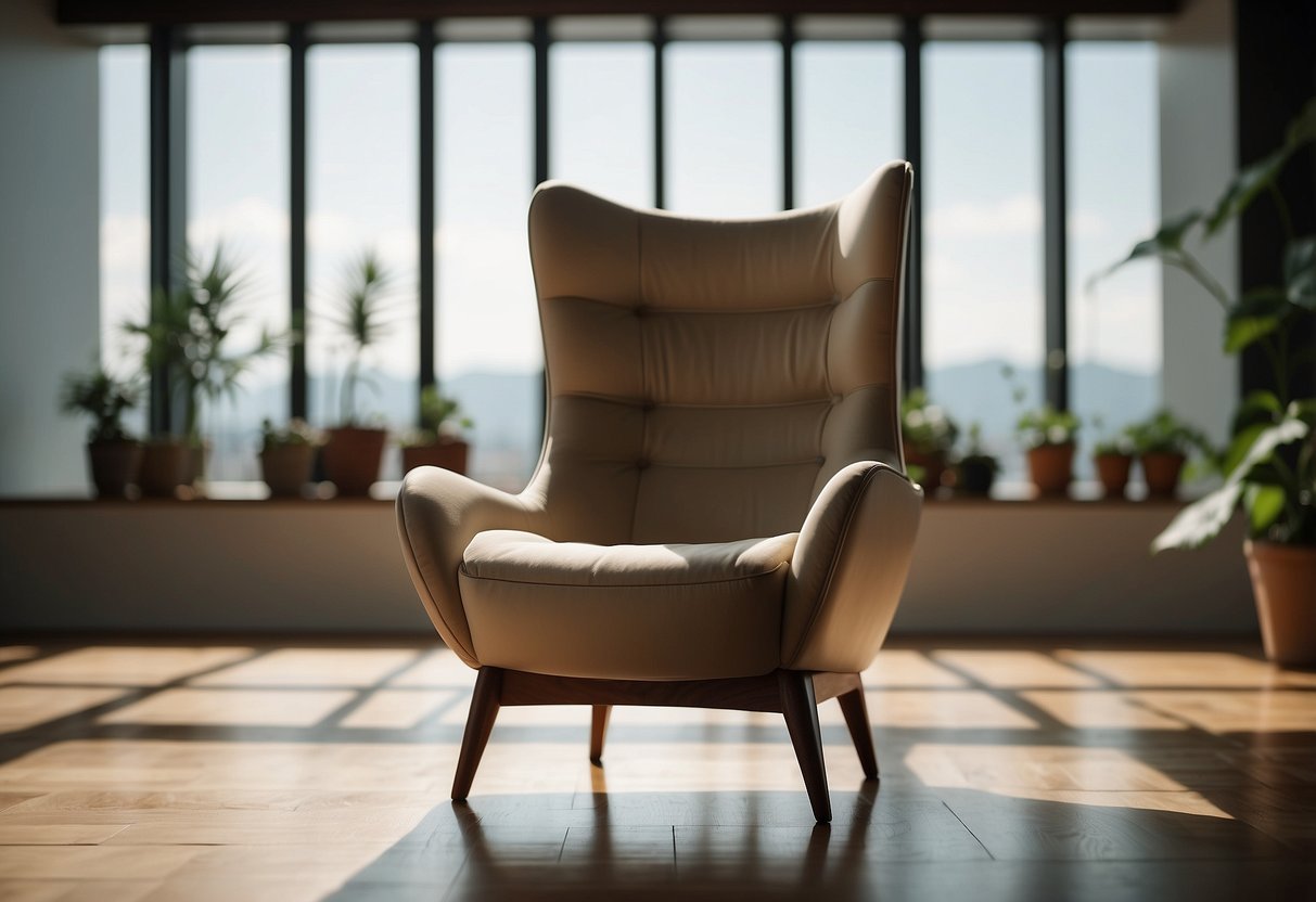 A sleek, minimalist chair sits in a sunlit room, surrounded by clean lines and natural materials. The space exudes a sense of simplicity, functionality, and timeless elegance