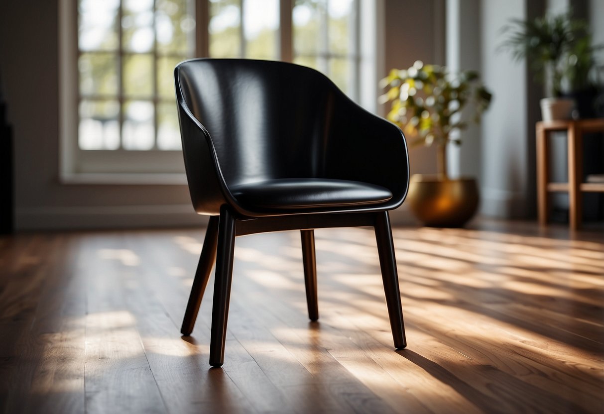 A sleek black ebony chair sits in a sunlit room, casting a shadow on the polished wooden floor. The intricate grain of the wood reflects the light, highlighting the elegance of the furniture