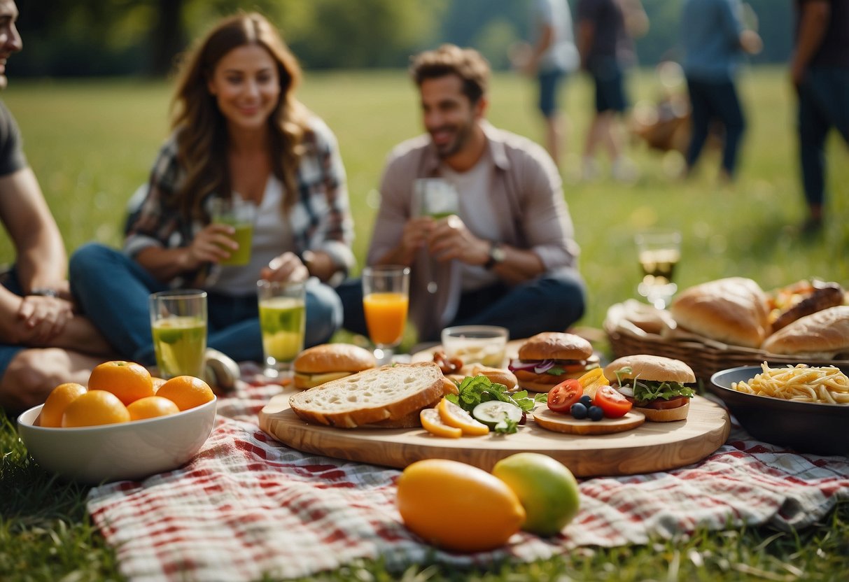 A colorful picnic blanket spread out on green grass, surrounded by a variety of delicious food and drinks, with a group of friends laughing and enjoying themselves in the background