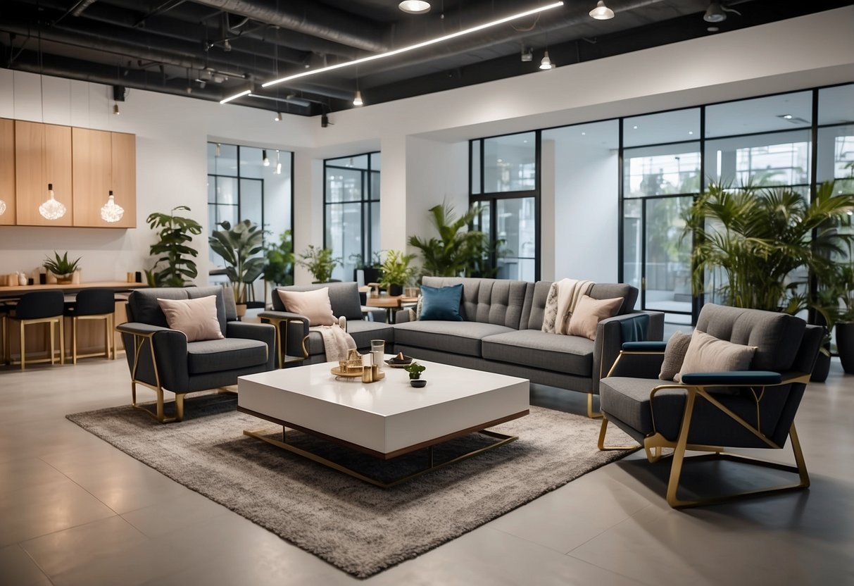 A spacious showroom with modern, sleek furniture arranged in an inviting and stylish manner, showcasing the company's attention to quality and design