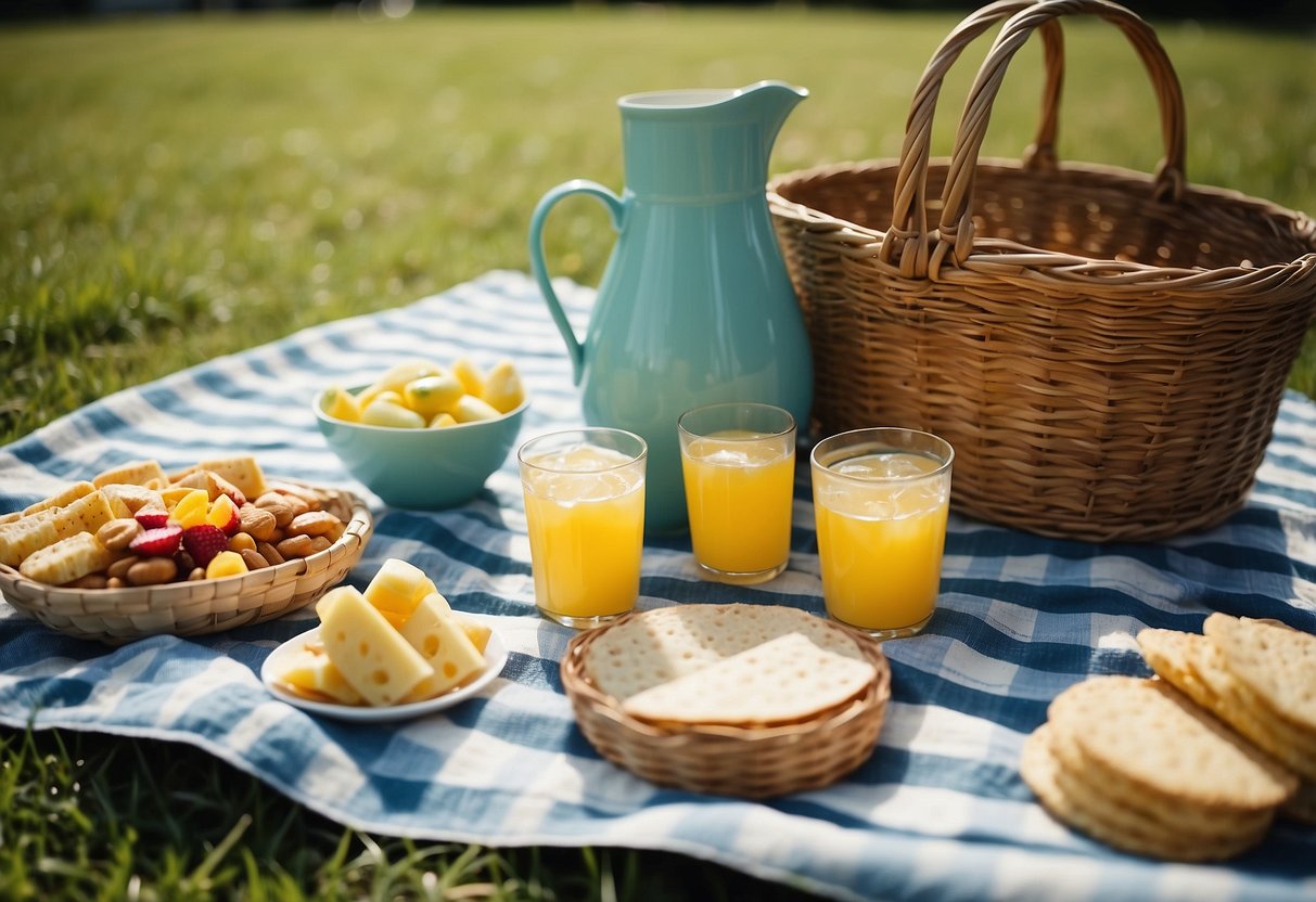 A picnic blanket spread out on green grass, with a pitcher of iced lemonade, colorful cups, and a basket of snacks. Sunshine and blue skies overhead, with friends laughing and chatting in the background