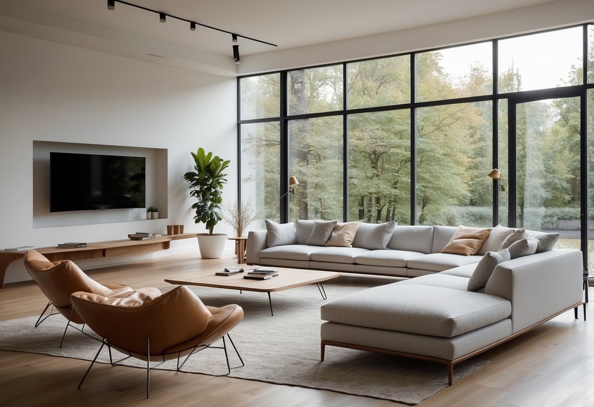 A bright, spacious room with sleek, minimalist danish design furniture. Natural light floods in through large windows, illuminating the clean lines and organic materials of the pieces