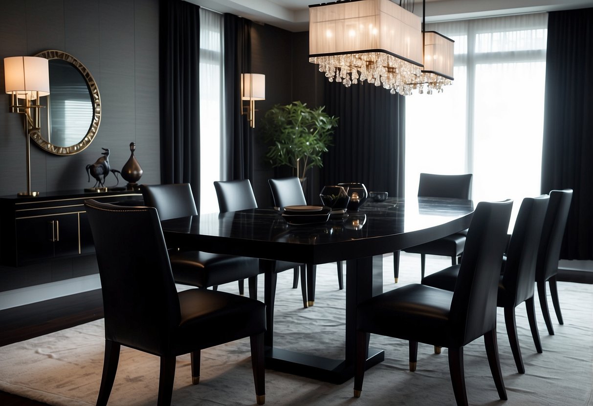 A room with sleek black ebony furniture, including a polished dining table, chairs, and a matching sideboard. The rich, dark wood exudes elegance and sophistication in the modern space