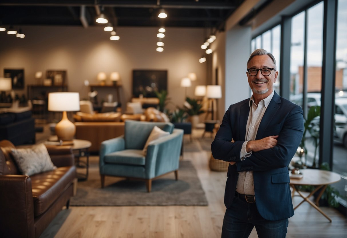 A landlord stands in a showroom surrounded by a variety of furniture. Customers ask questions about the different pieces on display