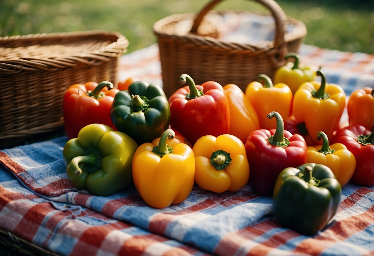 A picnic blanket spread out with a variety of colorful stuffed bell peppers, surrounded by picnic baskets, drinks, and friends enjoying a fun day together