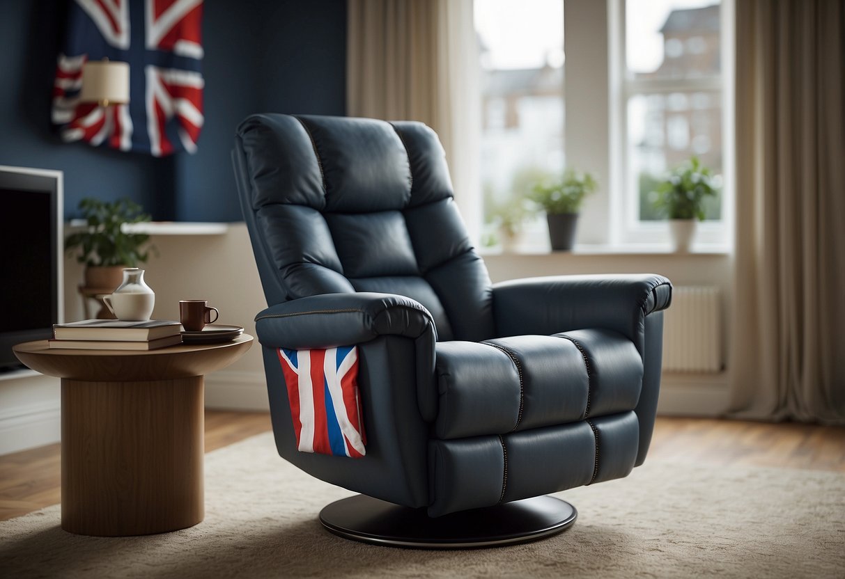 A cozy living room with a La-Z-Boy recliner, UK flag pillow, and stylish furniture