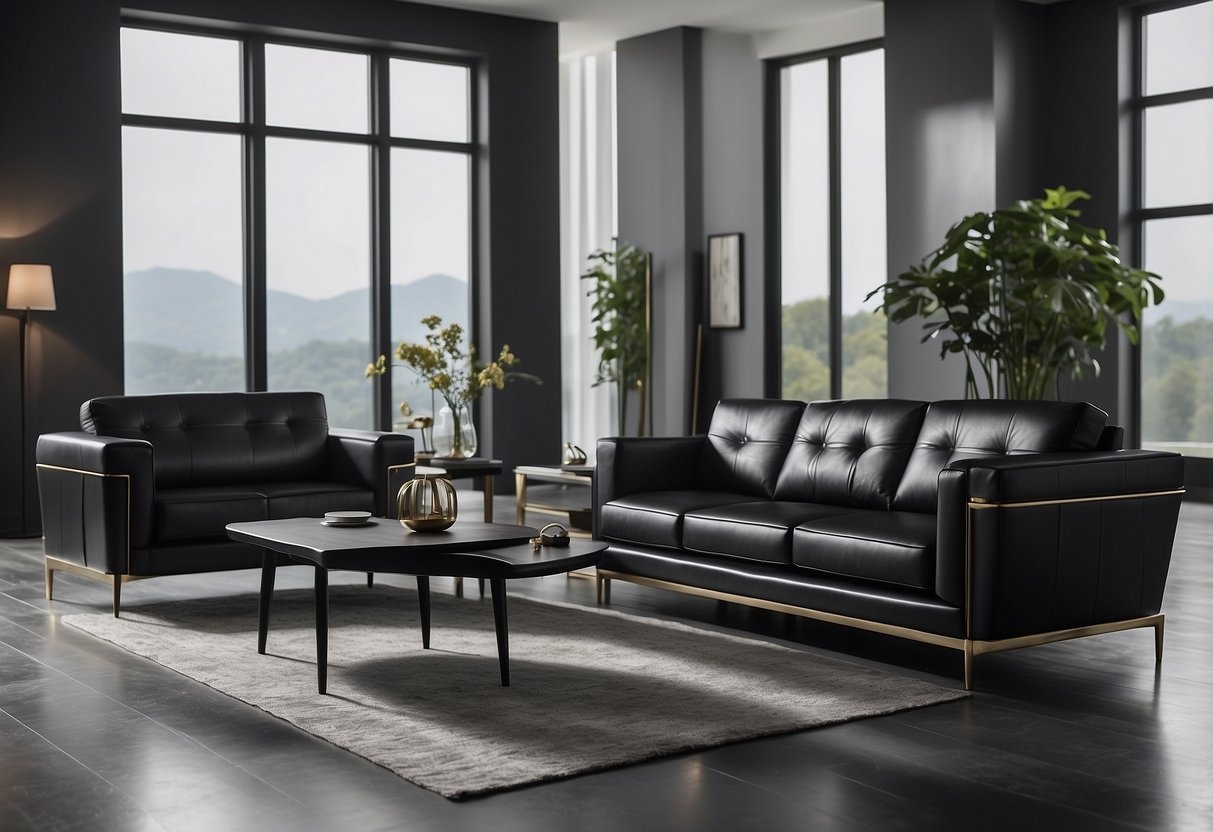 A sleek black ebony furniture set arranged in a well-lit room with a clean and modern aesthetic