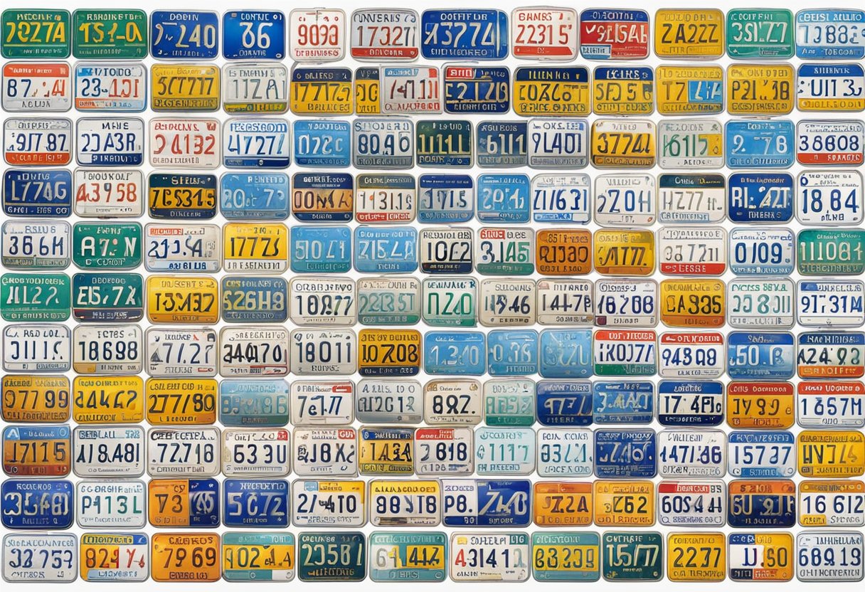 A collection of German car license plates, arranged in a systematic fashion, with a focus on the unique design and history of each plate