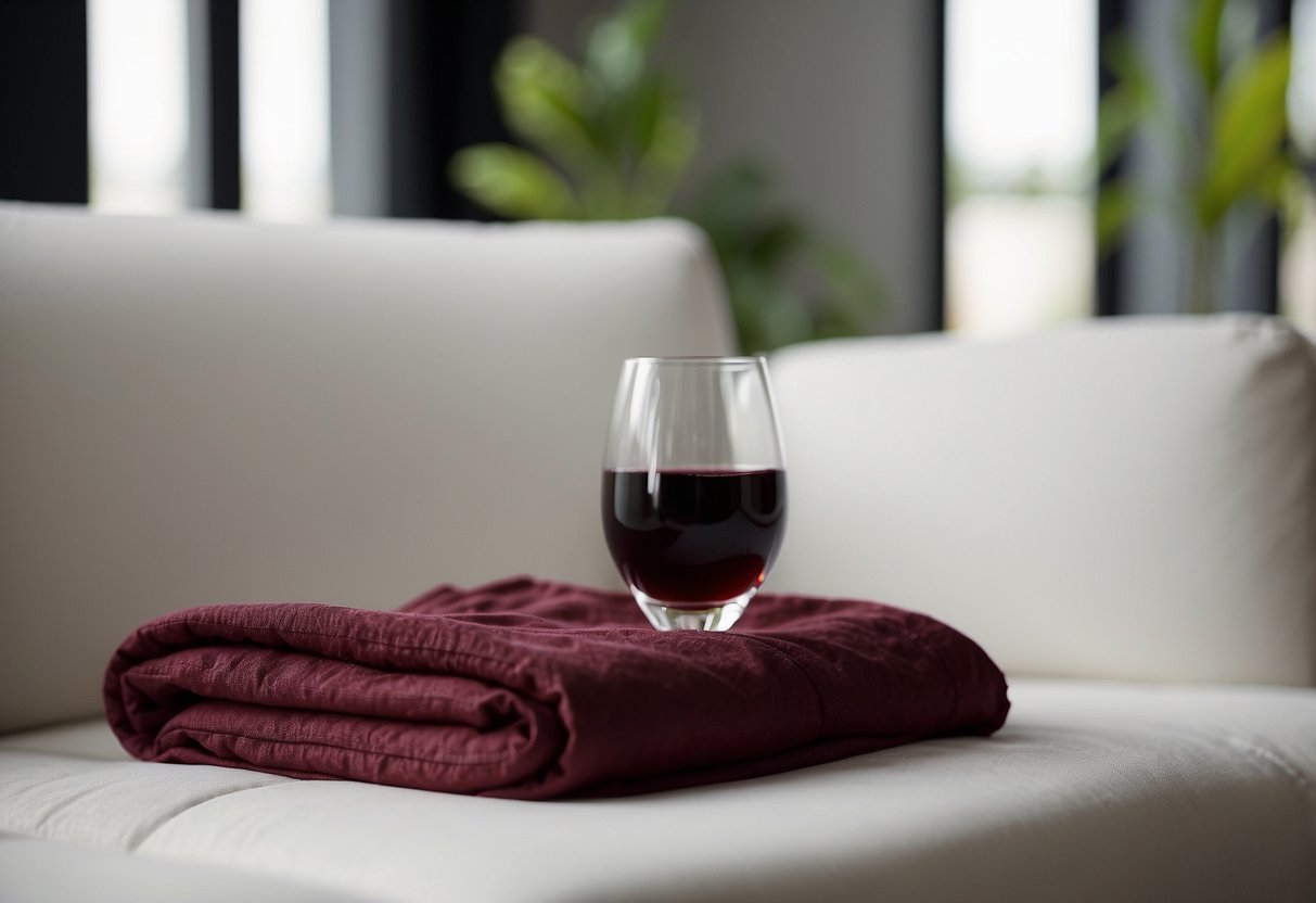 A cloth wipes away a red wine stain from a white sofa, revealing its pristine surface