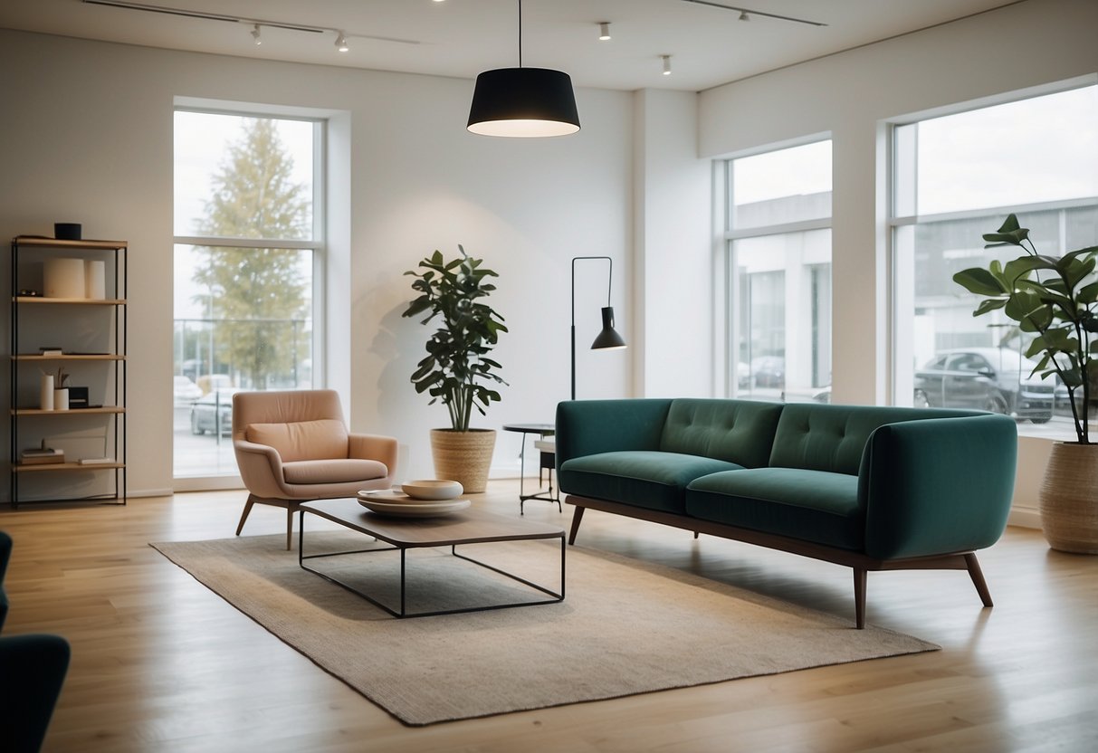 A bright, modern showroom with sleek, minimalist Danish furniture on display. Clean lines and organic shapes create a sense of timeless elegance