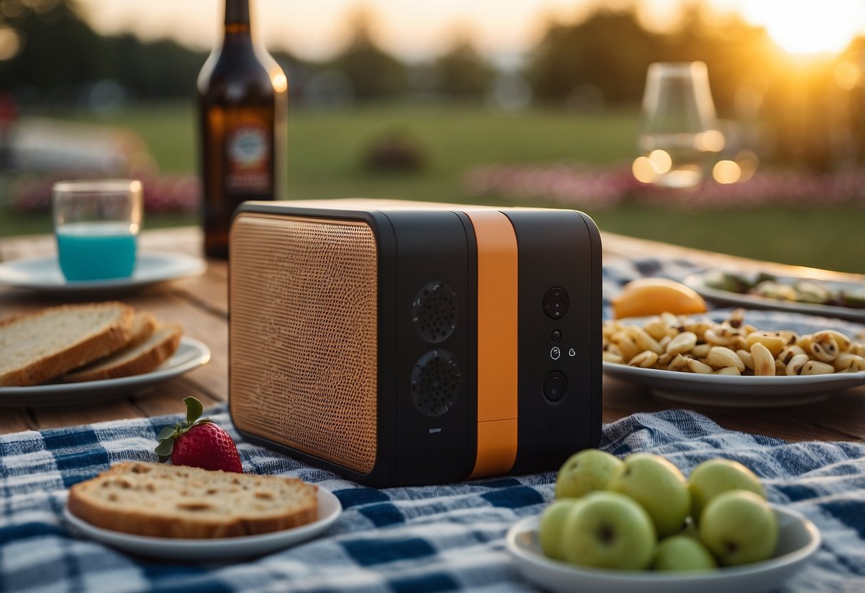 A portable Bluetooth speaker sits on a checkered picnic blanket surrounded by food, drinks, and games. The sun shines overhead as friends laugh and enjoy a fun day outdoors