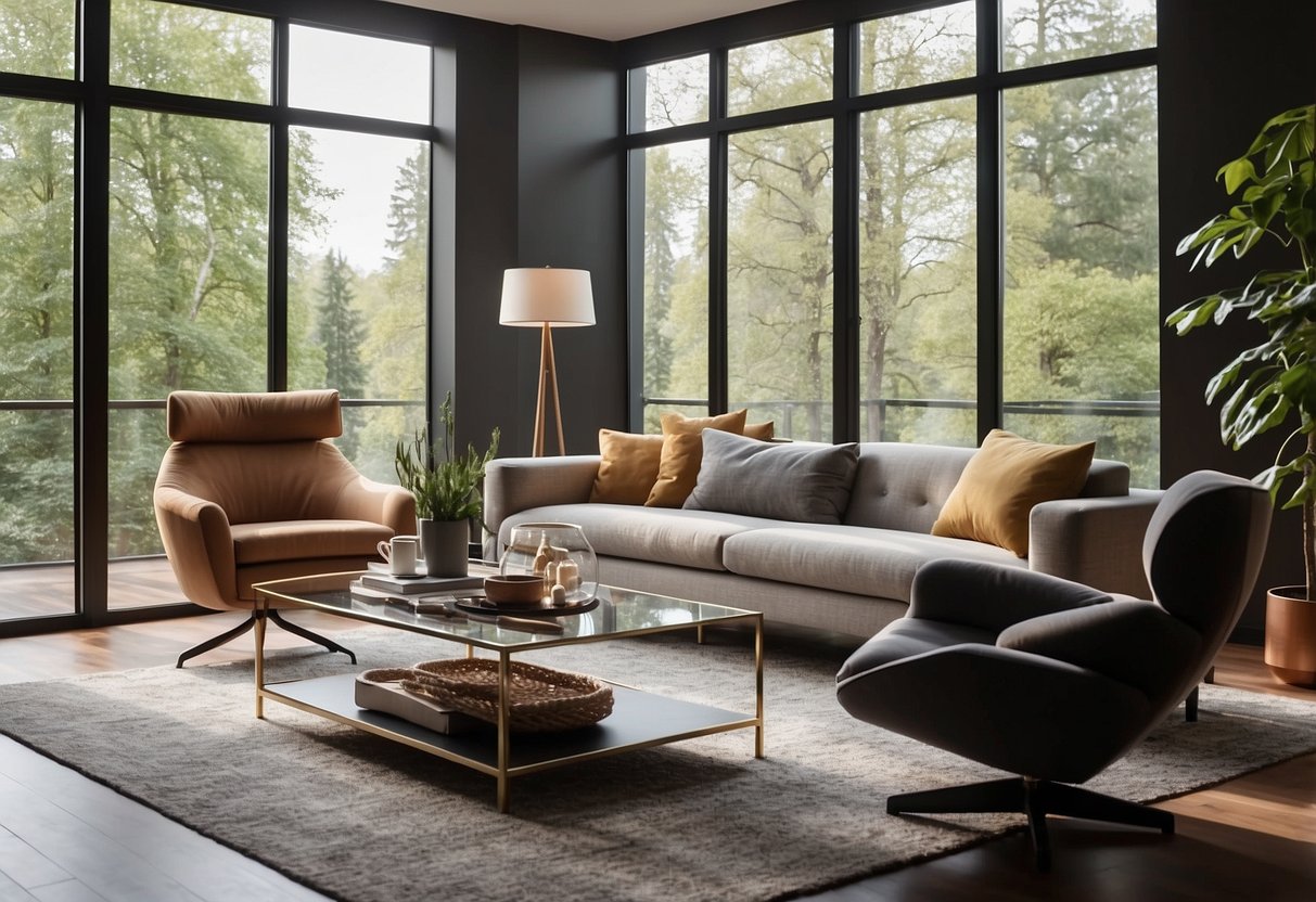 A cozy living room with modern furniture, featuring a sleek coffee table, a comfortable sofa, and a stylish armchair. The room is well-lit with natural light streaming in from large windows